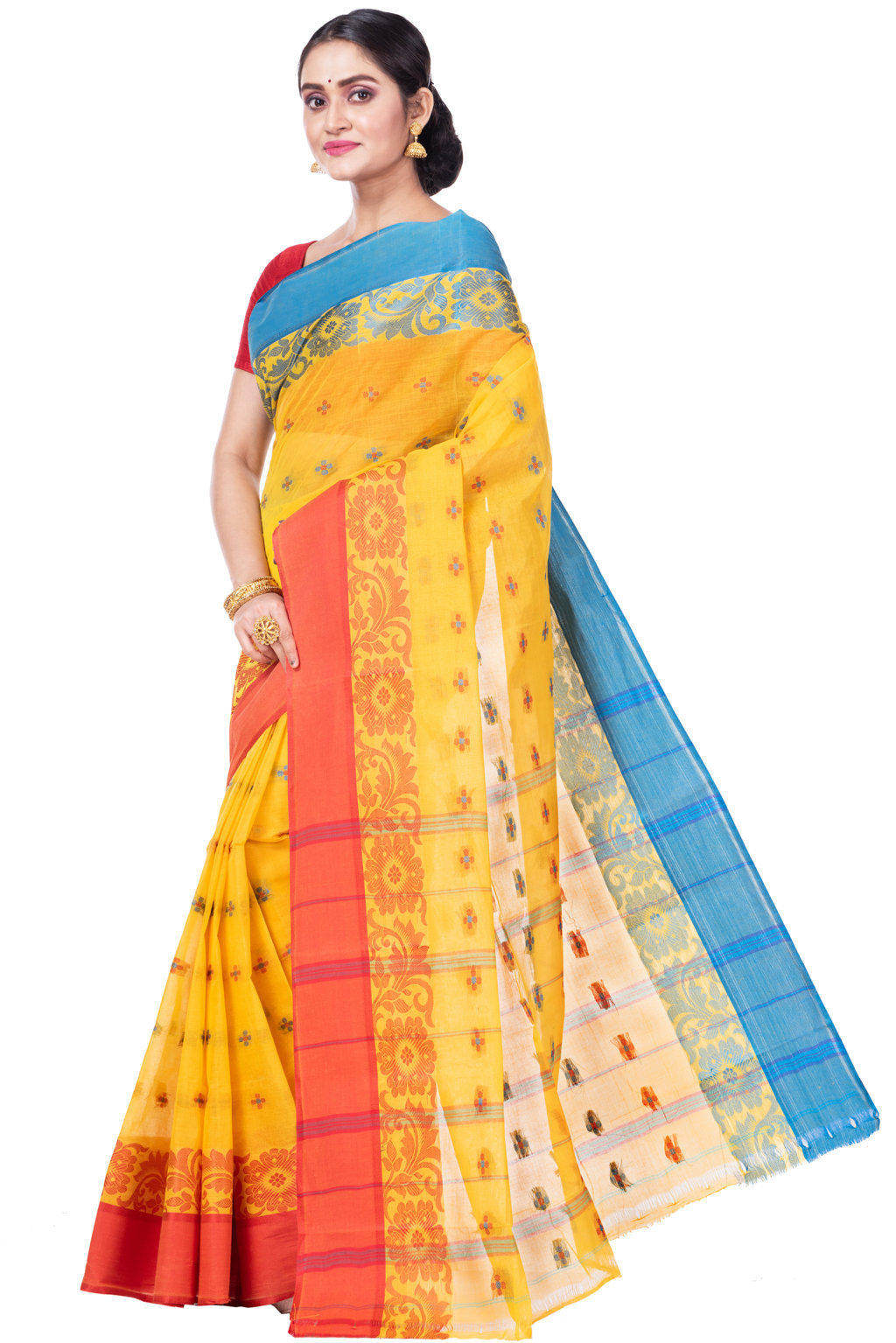 Yellow Pure Cotton Ganga Jamuna_Latapar Tant Saree (654)